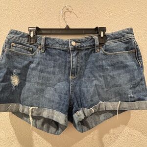 PAIGE Rolled-Hem Distressed Denim Shorts - Blue